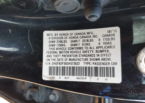 2013 Honda Civic Lx из США, поврежденный, VIN 2HGFB2F56DH573622